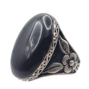 Boho Black Enamel Floral Ring Silver Tone Vintage Chunky Engraved Size 5.5